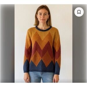 Gemelli Sweater Size S Italian Mohair Brown Blue Red Chevron Pattern Crewneck